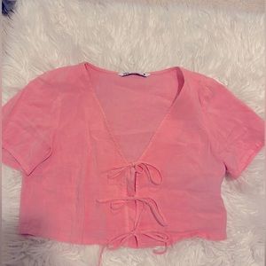 ZARA LINEN TIE FRONT CROP TOP